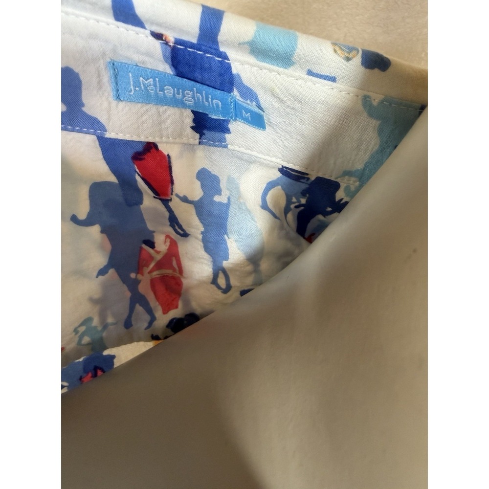J McLaughlin Women's M Button Front Shirt Blue Pink Novelty Print Cotton Blouse - Picture 3 of 5